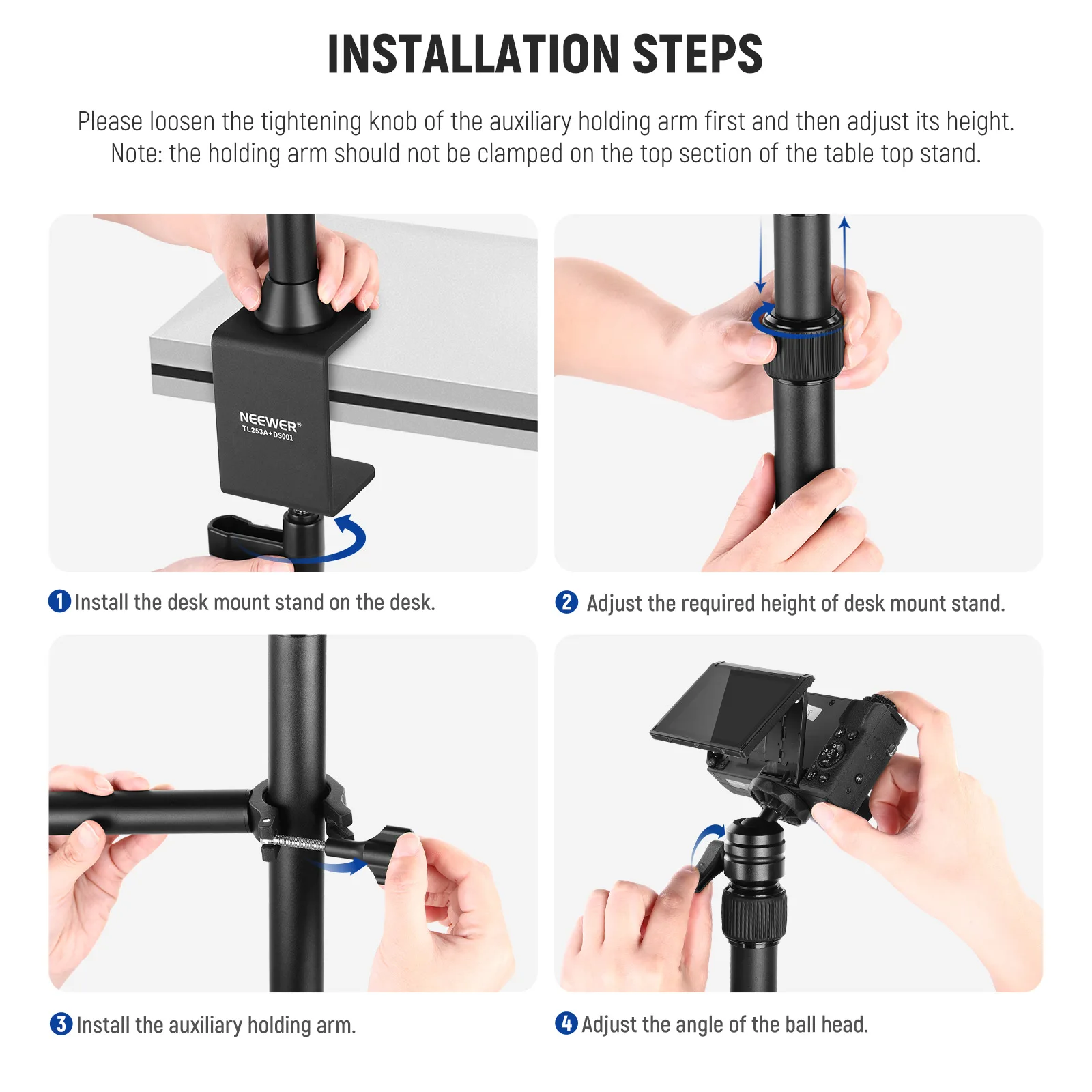 Tabletop Overhead Camera Mount Stand with 2 Section Telescopic Extension Arm, Sc