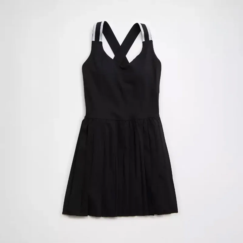 Tennis Yoga Dress Summer Women Yoga Sports Tennis Skirt Ladies Cross Exposed Back Pleated Dresses with Chest Pad Sportswear