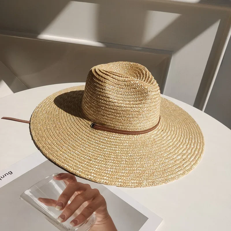 New Belt Strap Straw Sun Hat For Women Fashion Vacation Beach UV Hats Summer Wide Brim Travel Panama Hats Outdoor