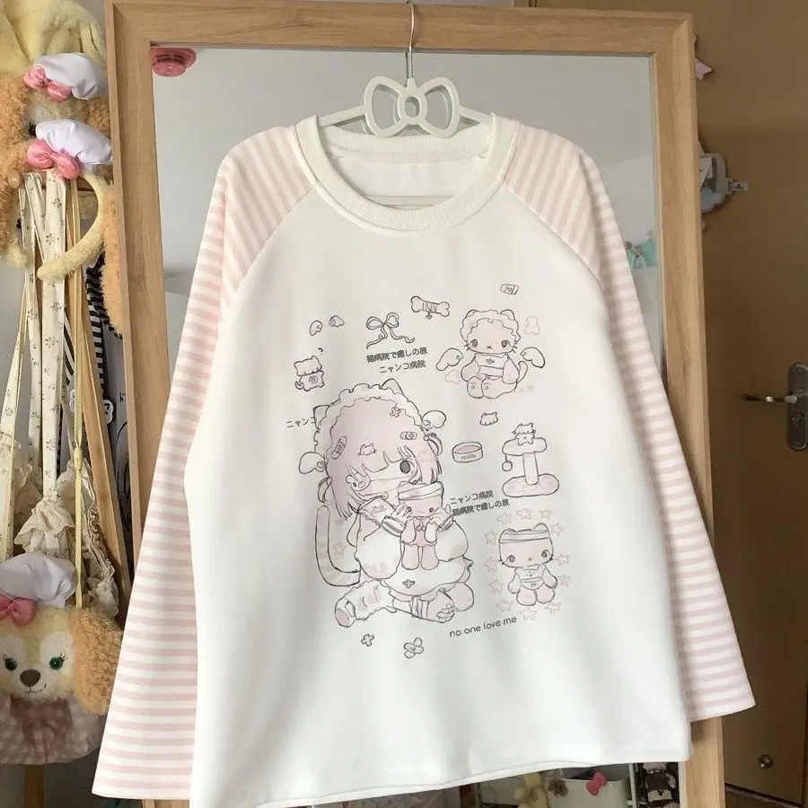 Sweet Kitten Print Graphic Tshirts O-neck Pink Striped Long Sleeve Sweatershirt Female Cute Japanese Y2k Top Aesthetic Ropa 8 S586f8ebd02c44b7486d075b15afbae16e