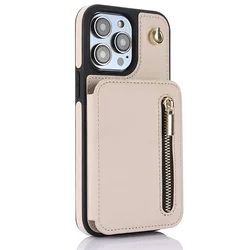 Lanyard Leather Zip Wallet Card Phone Case with Hand Rope Flip Cover - iPhone 12(12 Pro) (Apricot)