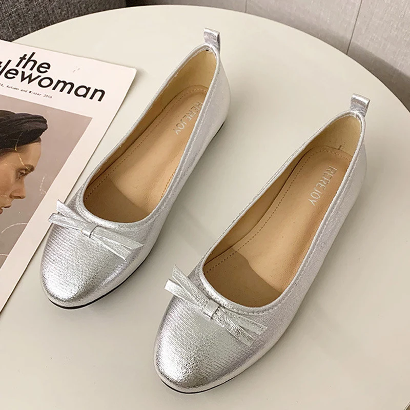 Zapatos plegables superligeros para mujer, mocasines plateados de suela blanda, mocasines lazo de punta redonda, bailarinas enrollables para mujer - AliExpress