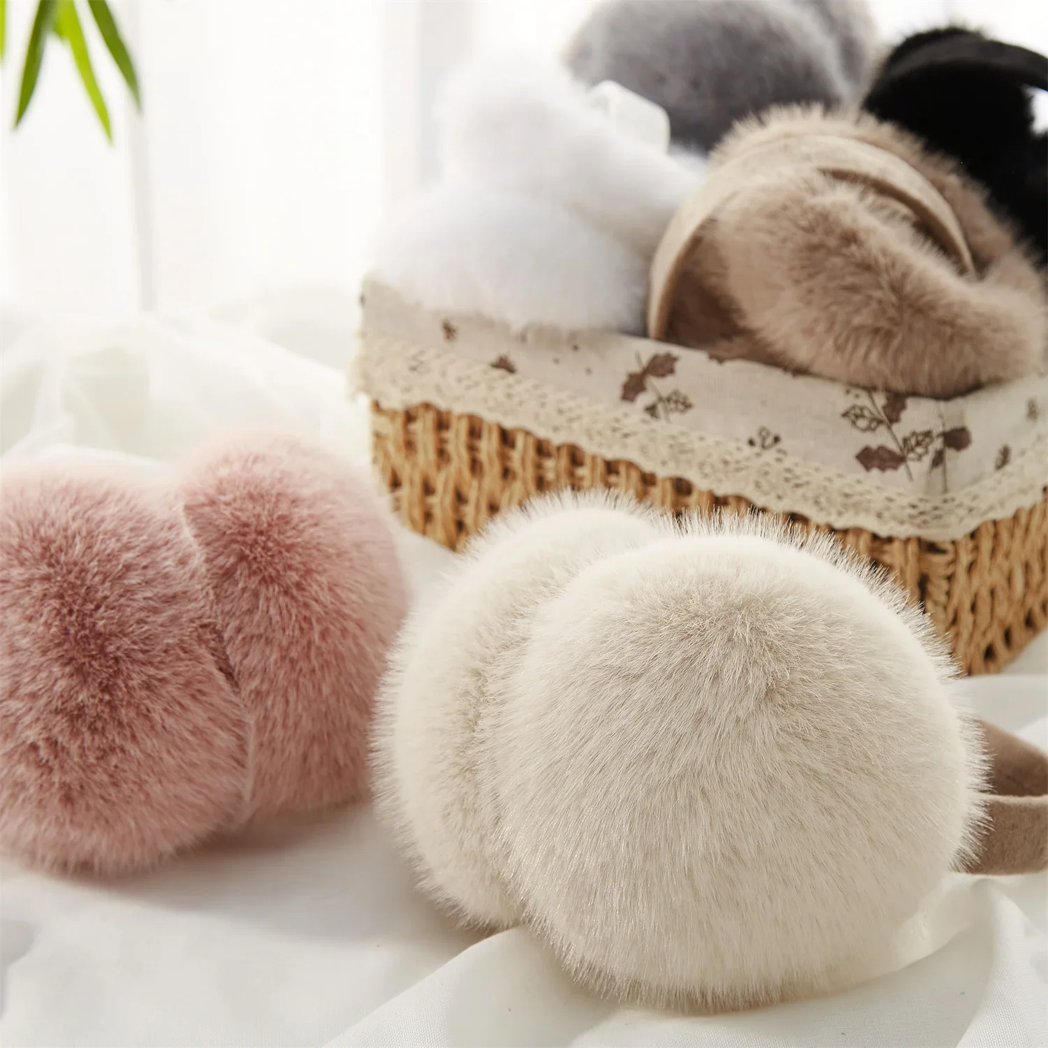 Innovative Beige Earmuffs Foldable Imitation Rabbit Fur Plush Warm Woman Ear Bag for Best Friends Christmas Gifts