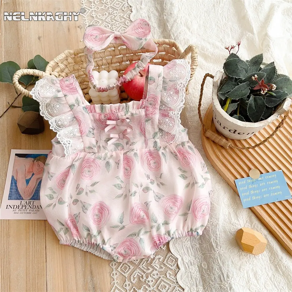 

Newborn Baby Girls Lace Fly Sleeve Flower Print Bow One-Piece Jumpsuit - Special Occasions Infant Kids Bodysuits Gift Headbans