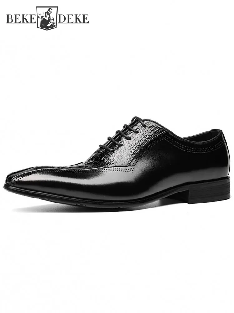 

Fashion Pointed Toe Office Man Oxfords Genuine Leather Vintage Embossing Formal Dress Shoes Lace Up Business Casual Mens Shoes