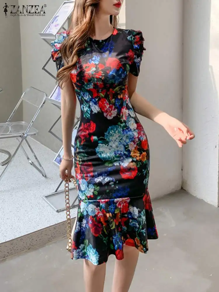 

ZANZEA Women Elegant Robe Wrap Hips Vintage Sundress Korean Floral Print Fishtail Female Vestidos Puff Sleeve 2023 Evening Dress