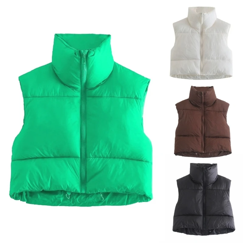 Women Stand Collar Crop Puffer Vest Lightweight Sleeveless Winter Warm Vest
