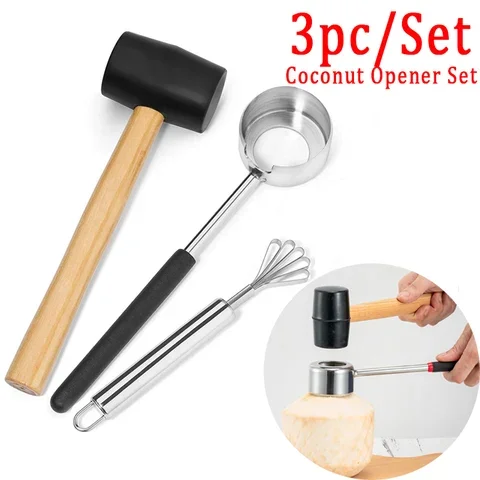 

Tool Set Coconut Opener Food Grade 304 Stainless Steel Coconut Opener Meat Tool Wooden Handle Rubber Hammer Easy To Use Durable