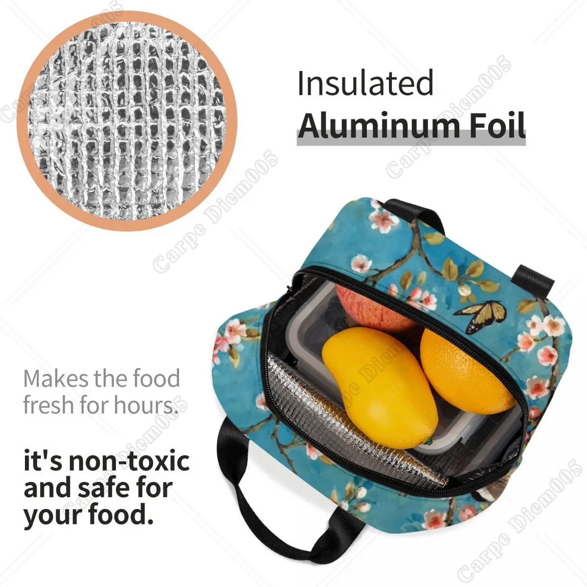 Cute Birds Cherry Blossom Insulated Lunch Bag Waterproof Parrot Bird Thermal Cooler Lunch Box for Women Office Work School