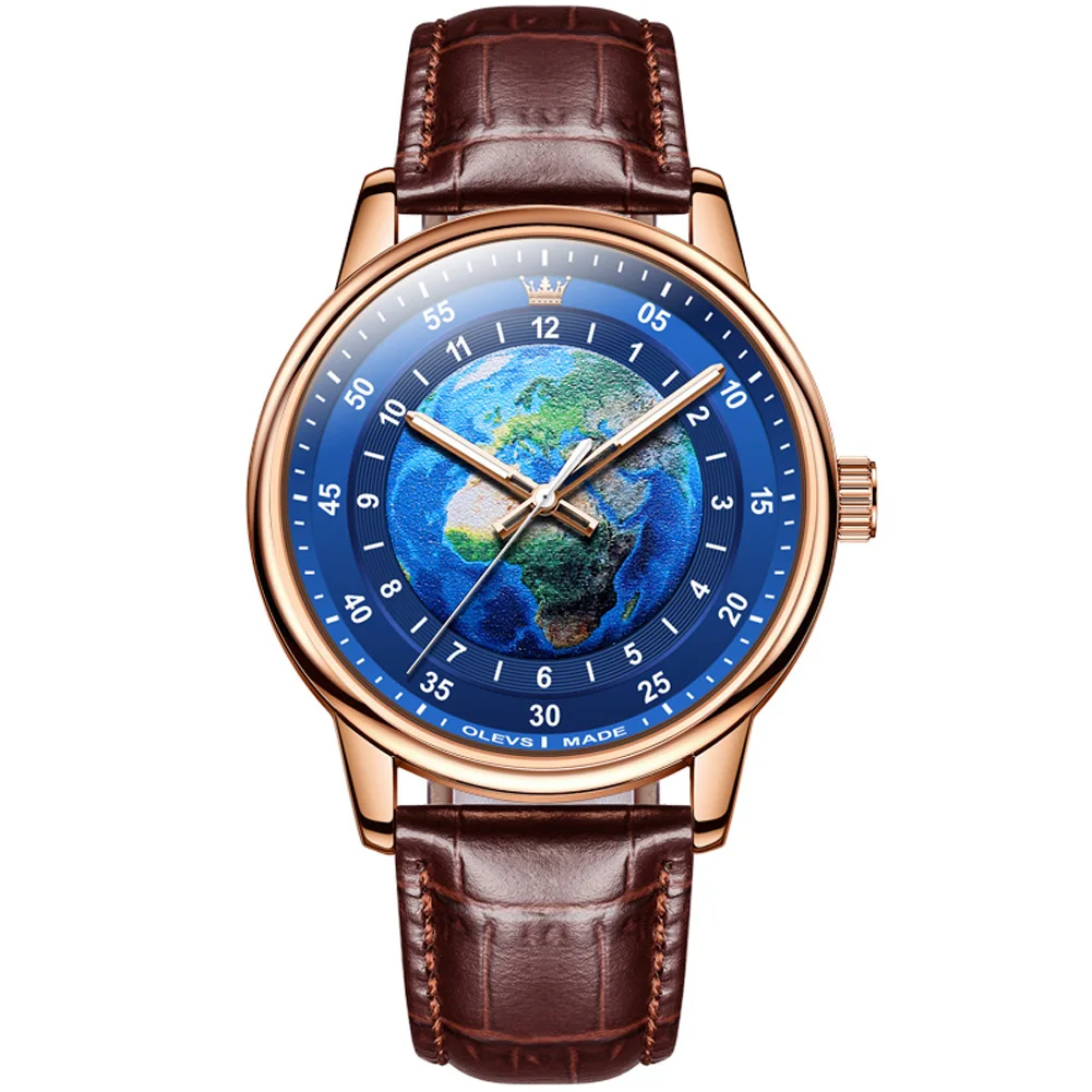 OLEVS New Fashion Globe Pattern Quartz Watch for Men Leather Sport Wristwatch Luminous Hands Waterproof Watches Reloj Hombre