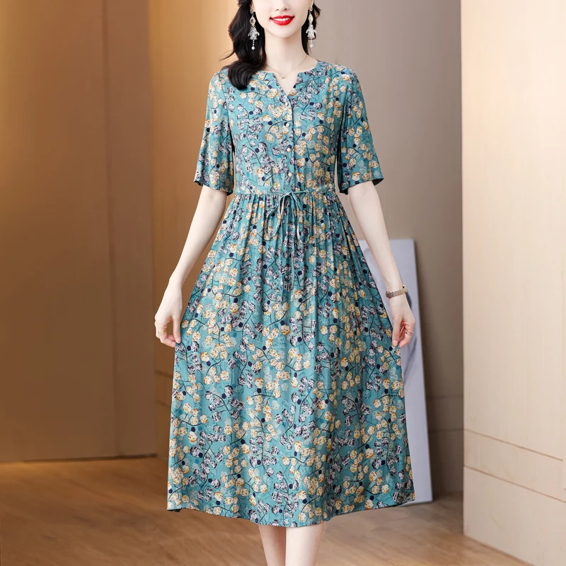 

2023 New Fashion Silk Printed Dress Women's Summer Versatile V-neck 5/4 Sleeve Loose Fit Casual Holiday Dress Vestidos