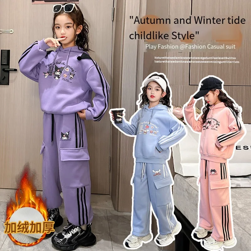 

Anime Sanrioed Melody Kuromi Kids Fashion Fleece Sweatshirt Suit Cinnamoroll Girl Casual Tops Pants Thicken Warm Child Clothes