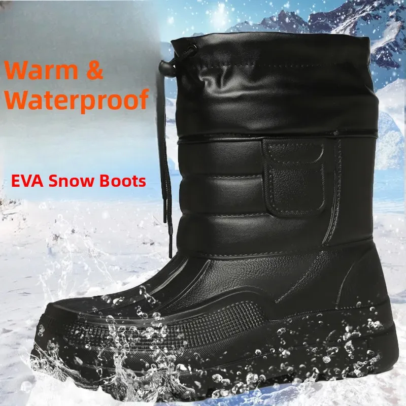Thiened Fce Lined Mid-Calf Snow Boots Men's Outdoor Fiing oes Waterproof Winter Boots Large Size Sea Fiing oes