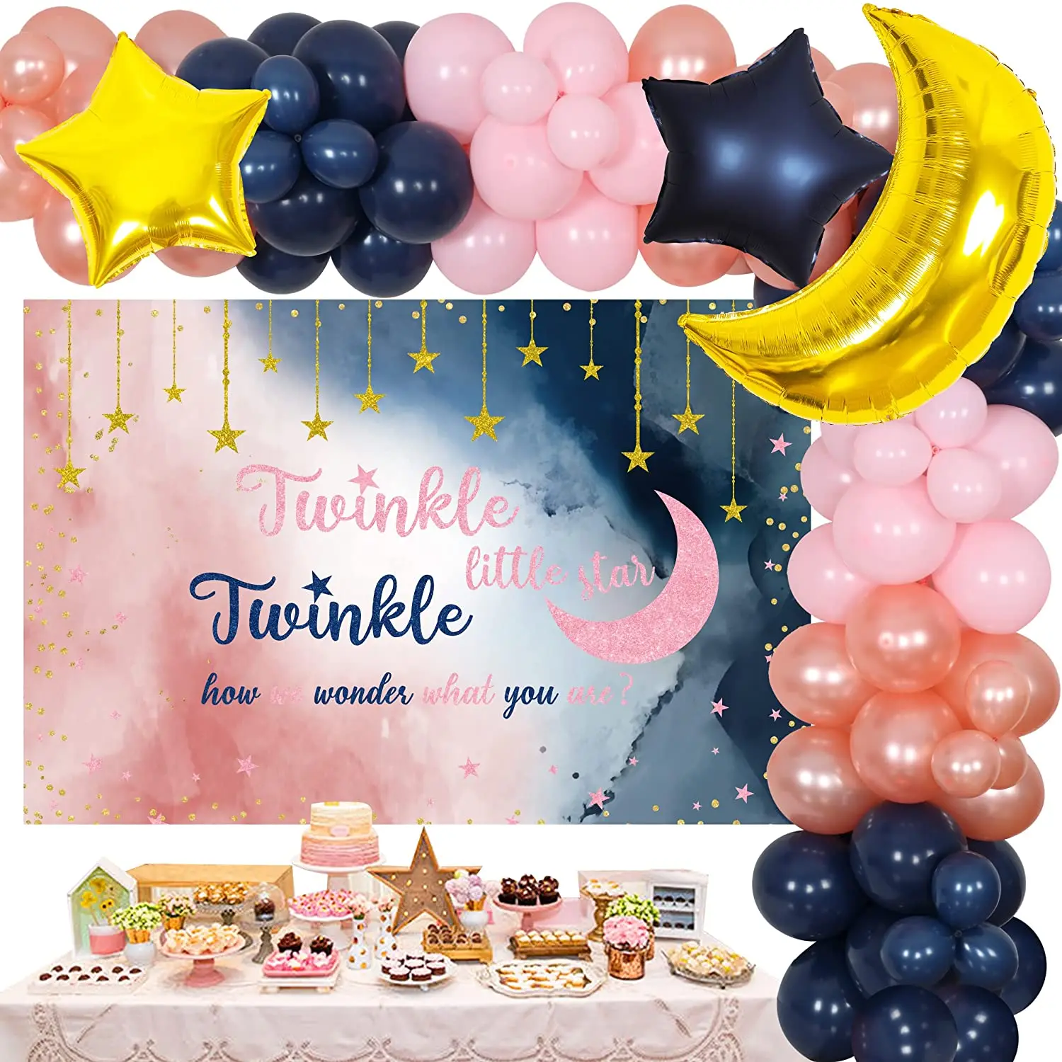 

CHEEREVEAL Twinkle Twinkle Little Star Gender Reveal Decorations Navy Blue Pink Moon Star Balloon Garland Backdrop Baby Shower