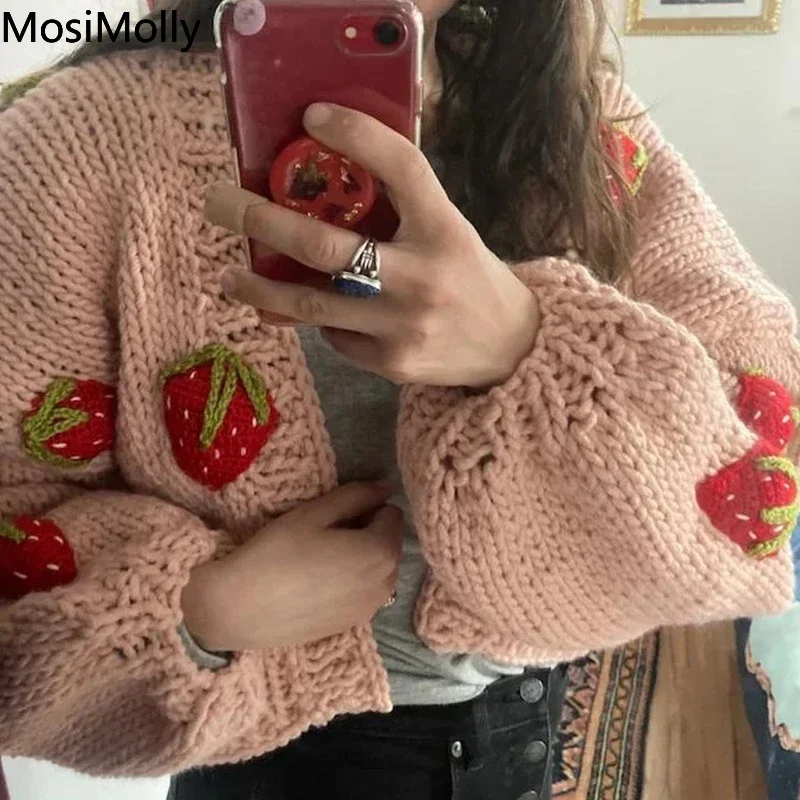 

Handemade Strawberry Sweater Knitting Cardigan Pink Handmade Cardigan Sweater 2023 Women Cardigan Pretty Fruit Sweater
