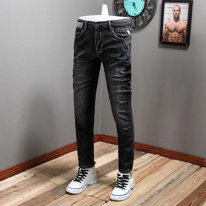 Fashion Designer Men Jeans Retro Black Gray Elastic Slim Fit Ripped Jeans Men Stretch Trousers Vintage Casual Denim Pants Hombre men s skinny stretch pure color jeans hombre retro wash slim fit denim pencil pants fashion classics casual work trousers s 3xl