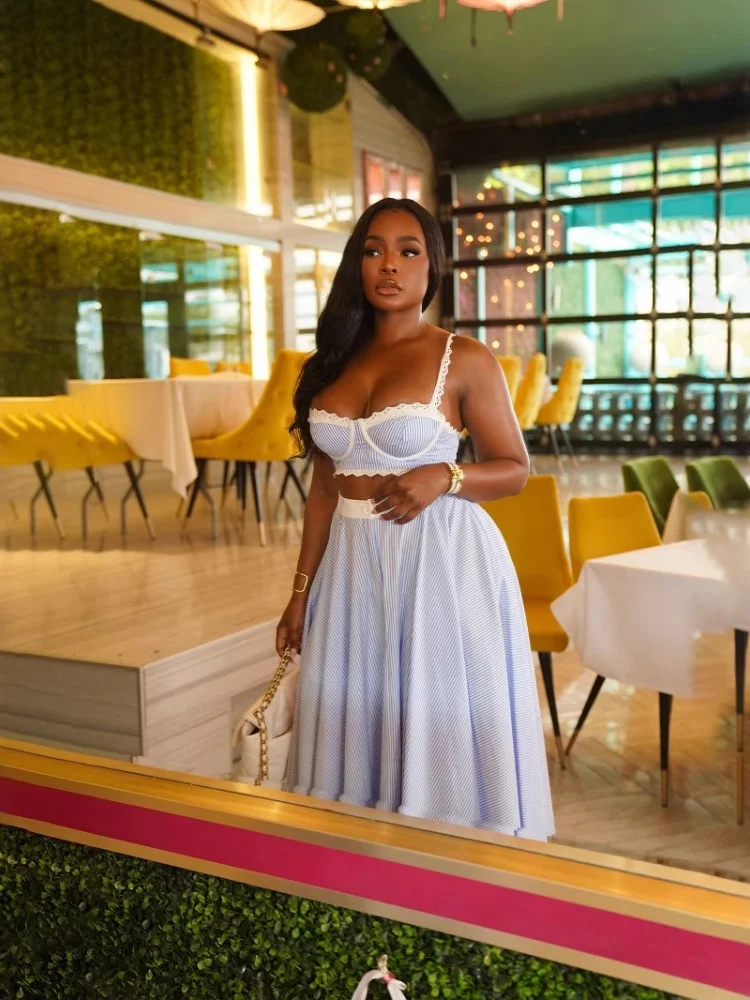 Wmstar 2025 New Summer Woman Light Blue Fashionable Lace Stitched Halter Top High Waist Skirt Stripes Long Dress Two Piece Sets