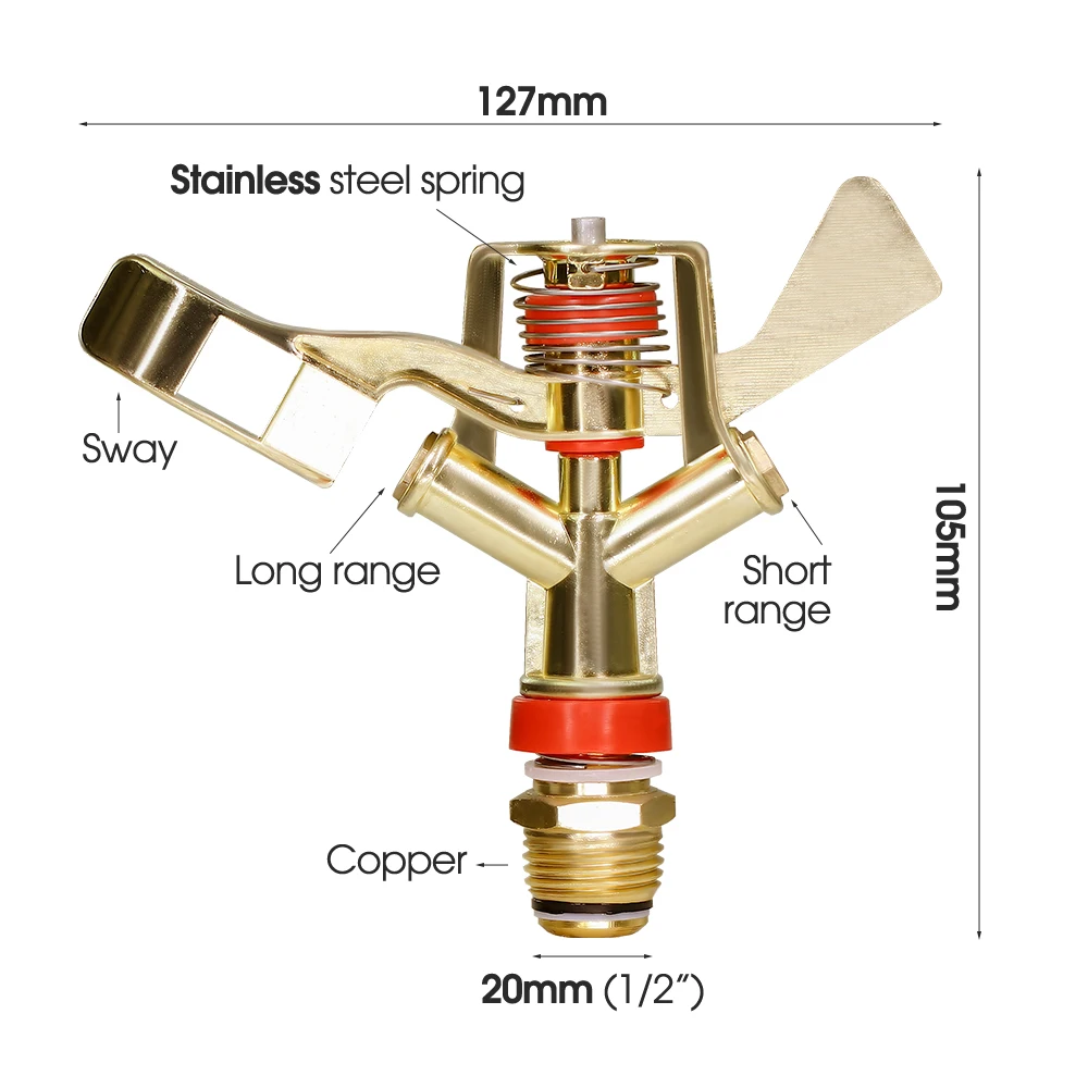 1/2 3/4'' Male Thread Metal Pulsating Sprinkler garden sprinkler irrigation sprinklers garden irrigation nozzle drip irrigation sprinklers 360&deg; Rocker Arm Water Spray Nozzle For Greenhouse Garden Irrigation