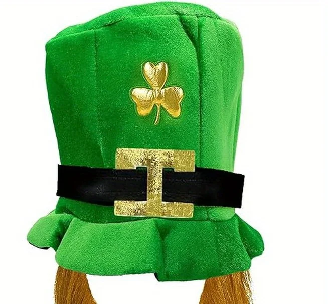 St. Patrick's Day Leprechaun Hat with Beard and Green Velvet Shamrock Hat Set