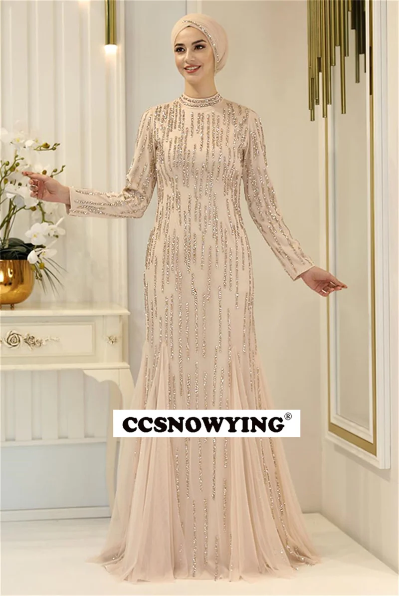

Luxury Sparkly Sequin Muslim Evening Dresses Long Sleeve Islamic Formal Party Gowns High Neck Women Arabic Robes De Soirée