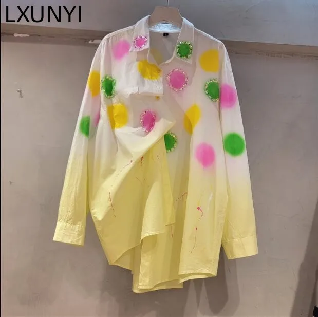 

LXUNYI Heavy Beading Design Shirt Women Spring 2023 New Long Sleeve Loose Middle Long Gradient Printed Blouse Spray Painting Top