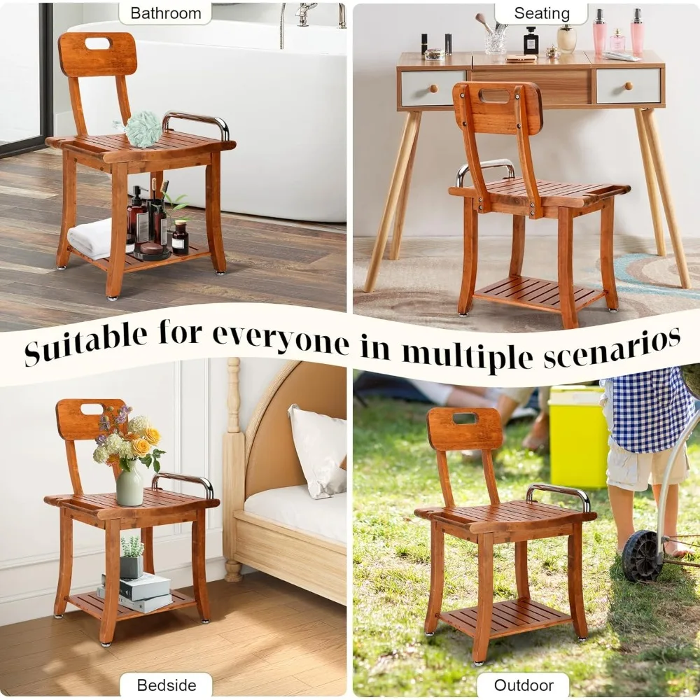 Teak Shower Bench Seat Chair with Shelf | 18.7" Solid Wood Shower Stool Waterproof Shower Seat with Storage for Inside Shower 6