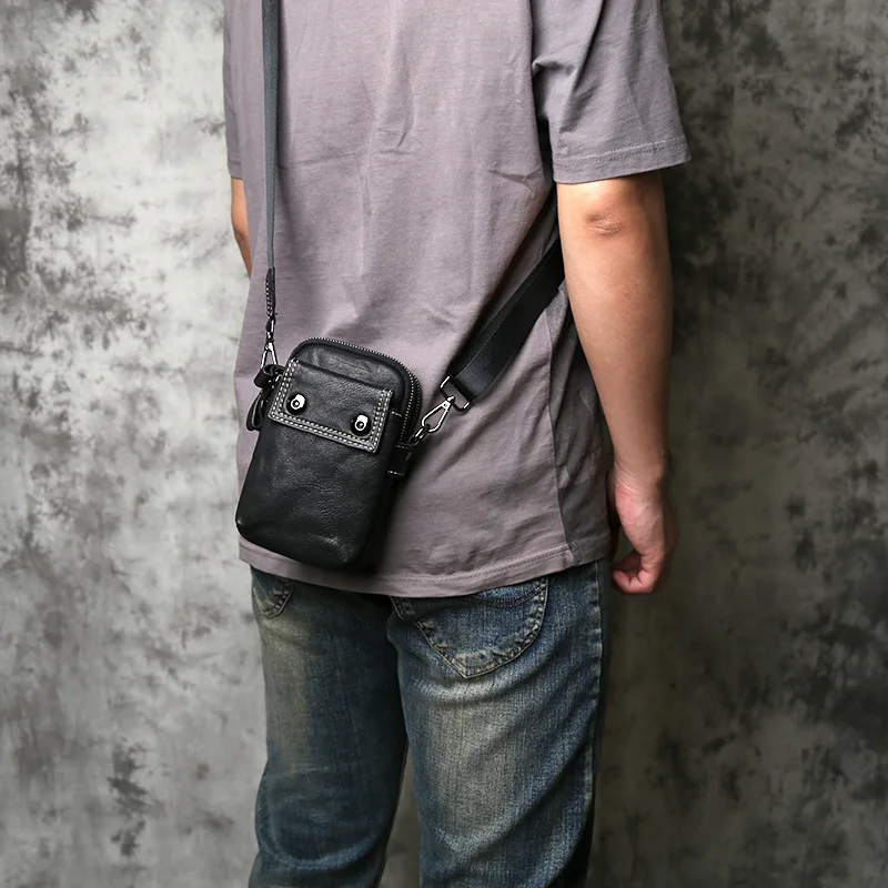 NZPJ Genuine Leather Men's Waist Bag Top Layer Cowhide Casual Crossbody Phone Bag Single Shoulder Bag Messenger Bag