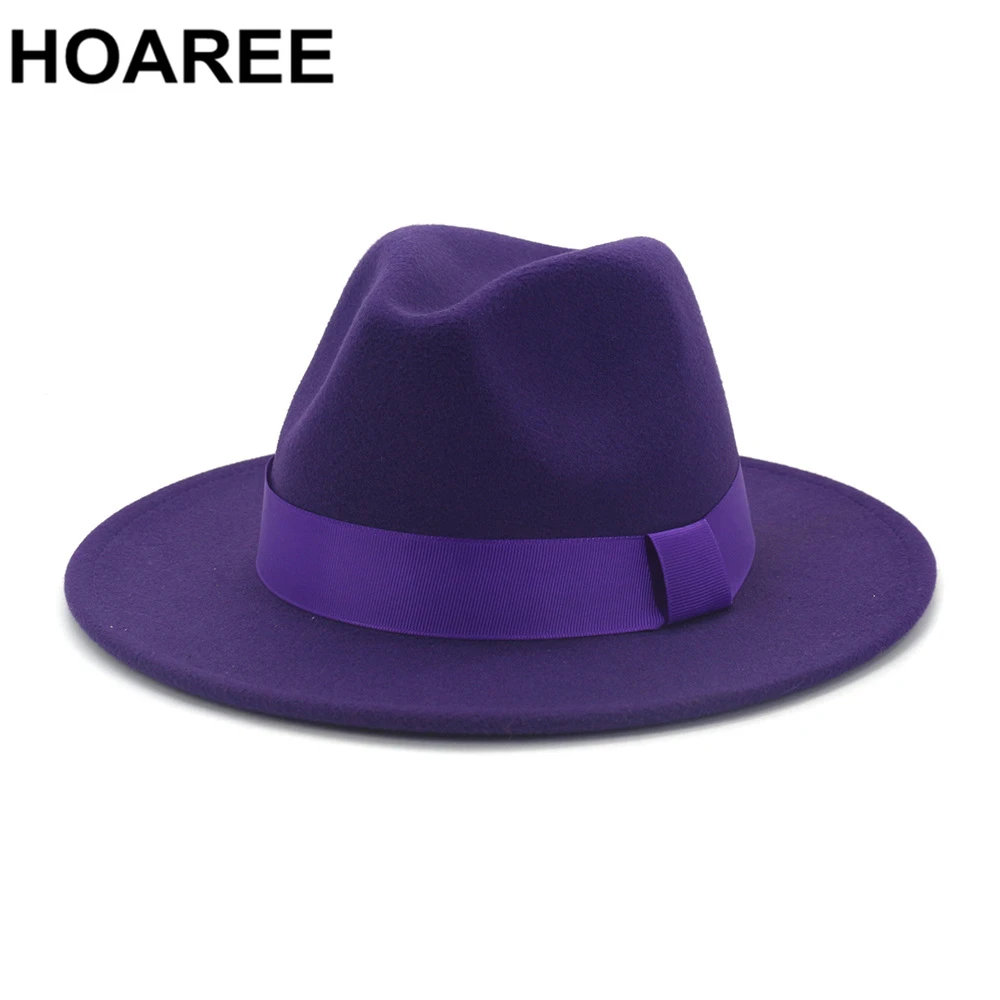 HOAREE Wool Felt Jazz Fedora Hats Men Women Wide Brim Sombrero British Style Trilby Formal Panama Cap Solid Dress Hat fashion hat