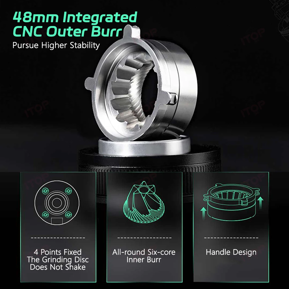 ITOP Coffee Grinder SEO 48mm Conical Burr Stepless Fineness Adjustment Suitable for Pour-over, Espresso, etc. Magnetic Cup& Lid 4