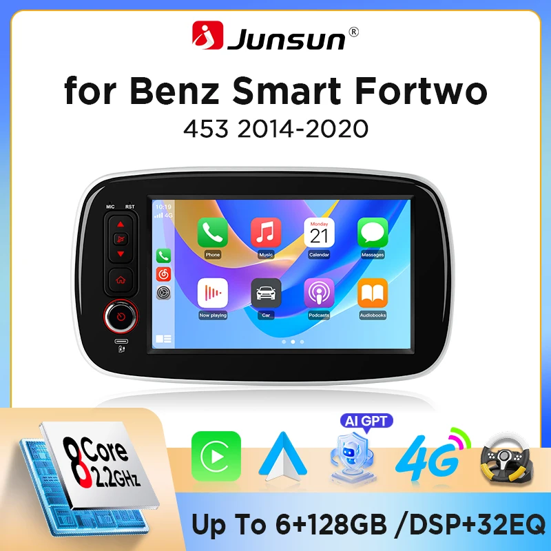 Autoradio Android Junsun pour Mercedes Benz Smart Fortwo 453 2014-2020, écran tactile IPS HD 8", autoradio multimédia, CarPlay sans fil, Android Auto, systèmes intelligents, GPS, navigation, Bluetooth, SWC, Canbus, DSP, RDS, WiFi, lecteur multimédia, écran partagé, miroir d'écran, USB, mains libres 1