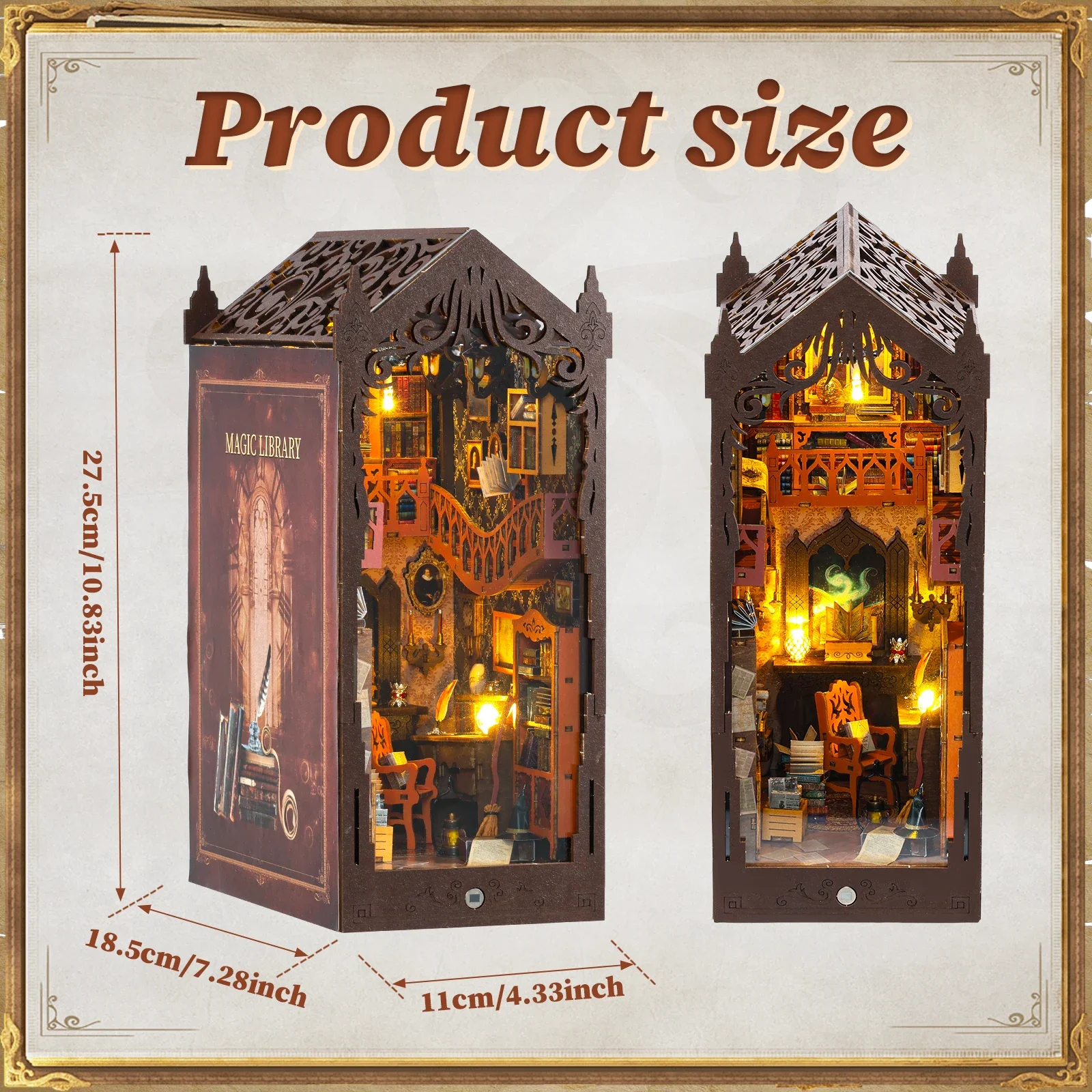 DIY Book Nook Kit 3D Wooden Puzzle Bookshelf Insert with Light DIY Miniature House Model Bookend Building Kits Home Decoration