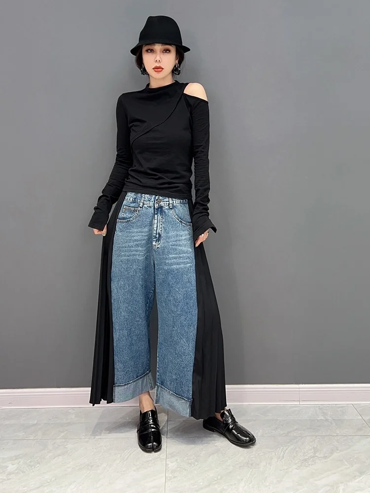 

2023 Summer Women Denim Splicing Pleats Wide Leg Pants Loose Personality Retro Color Blocking Trousers LHX3113