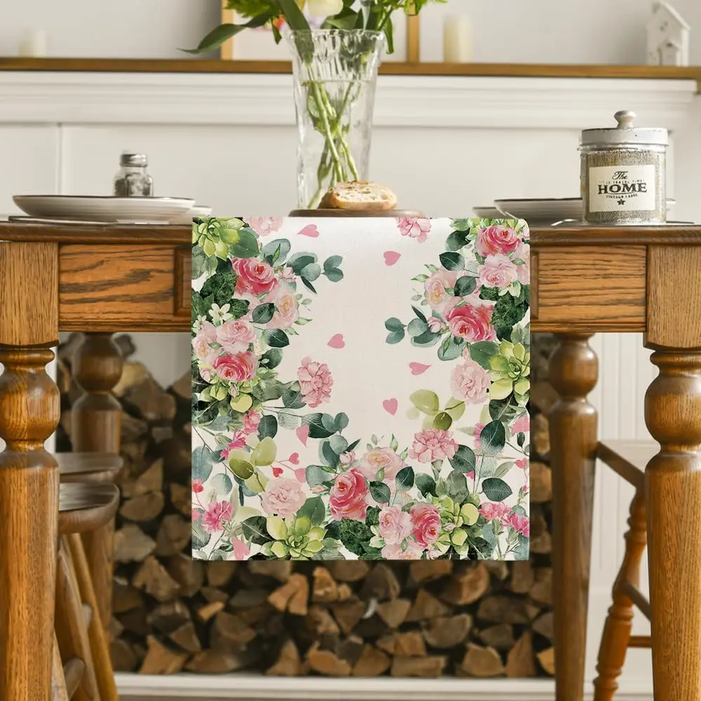 Spring Leaves Pink Flowers Linen Table Runner Holiday Party Decor Farmhouse Kitchen Dining Table Runner Mother's Day Decorations 2
