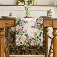 Spring Leaves Pink Flowers Linen Table Runner Holiday Party Decor Farmhouse Kitchen Dining Table Runner Mother's Day Decorations 2