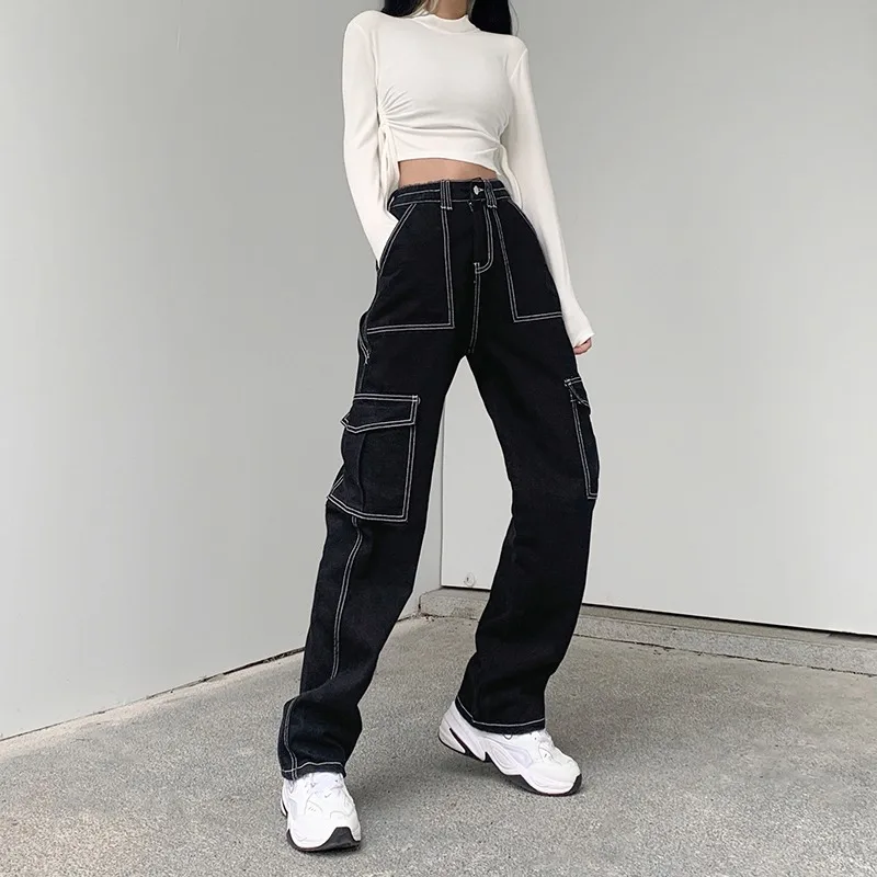 

Fashion High Waist Super A Slim Bright Line Design Sense Handsome Jeans Women Loose Street Casual Style Wide Leg Cargo Y2k Pants