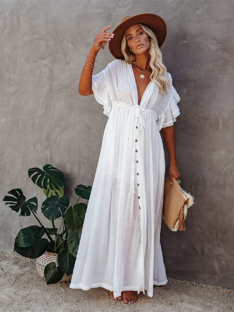 Vestido playero largo informal para mujer, túnica blanca Sexy