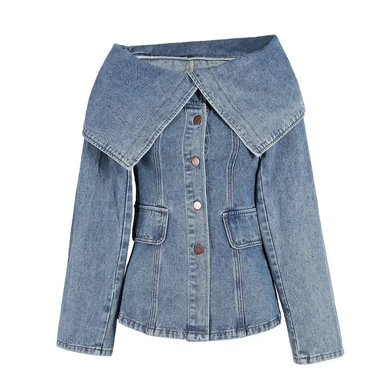 

Летняя джинсовая рубашка с одним плечом в стиле ретро SuperAen 2024, новый дизайн, модные джинсовые рубашки с лацканами, осень