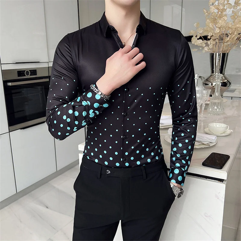 

6XL Fashion Mens Dot Print Hawaiian Shirts Spring New Long Sleeve Luxury Trendyol Men Slim Dress Black Shirt Camisas Para Hombre