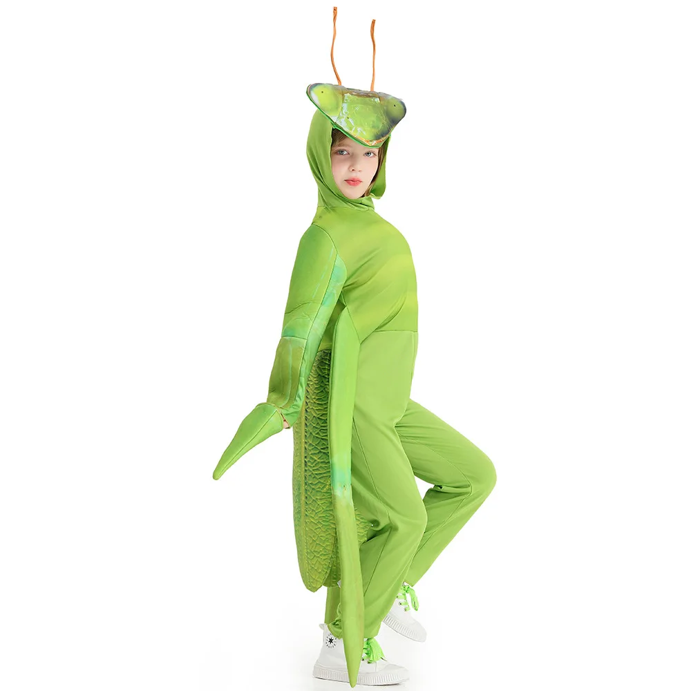 Kids Praying Mantis Costume Children's Insect Jumpsuit with Hooded Hat Halloween Party Dress Up Outfit Clohting Set