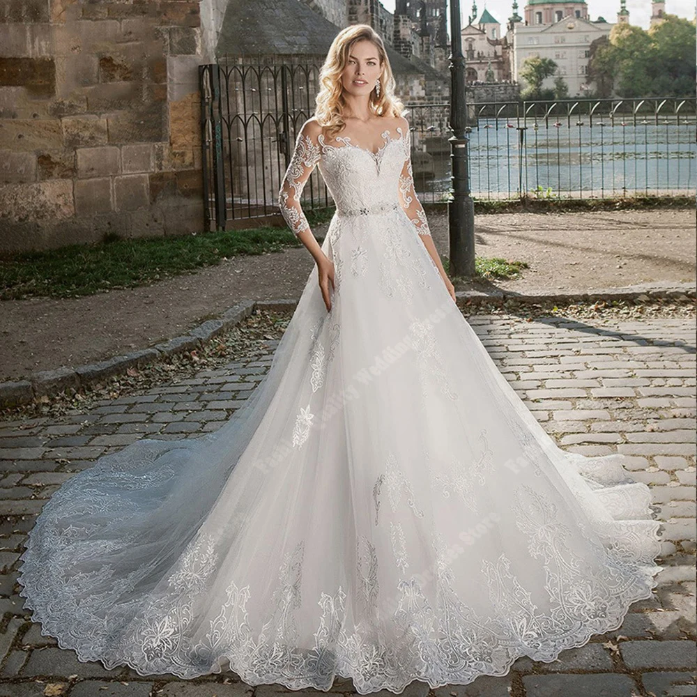 

Lace A-Line Lady Wedding Dresses Sexy Glitter Tulle Three-Quarter Sleeve Bridal Gowns 2024 Mopping Length Lady Vestidos De Novia