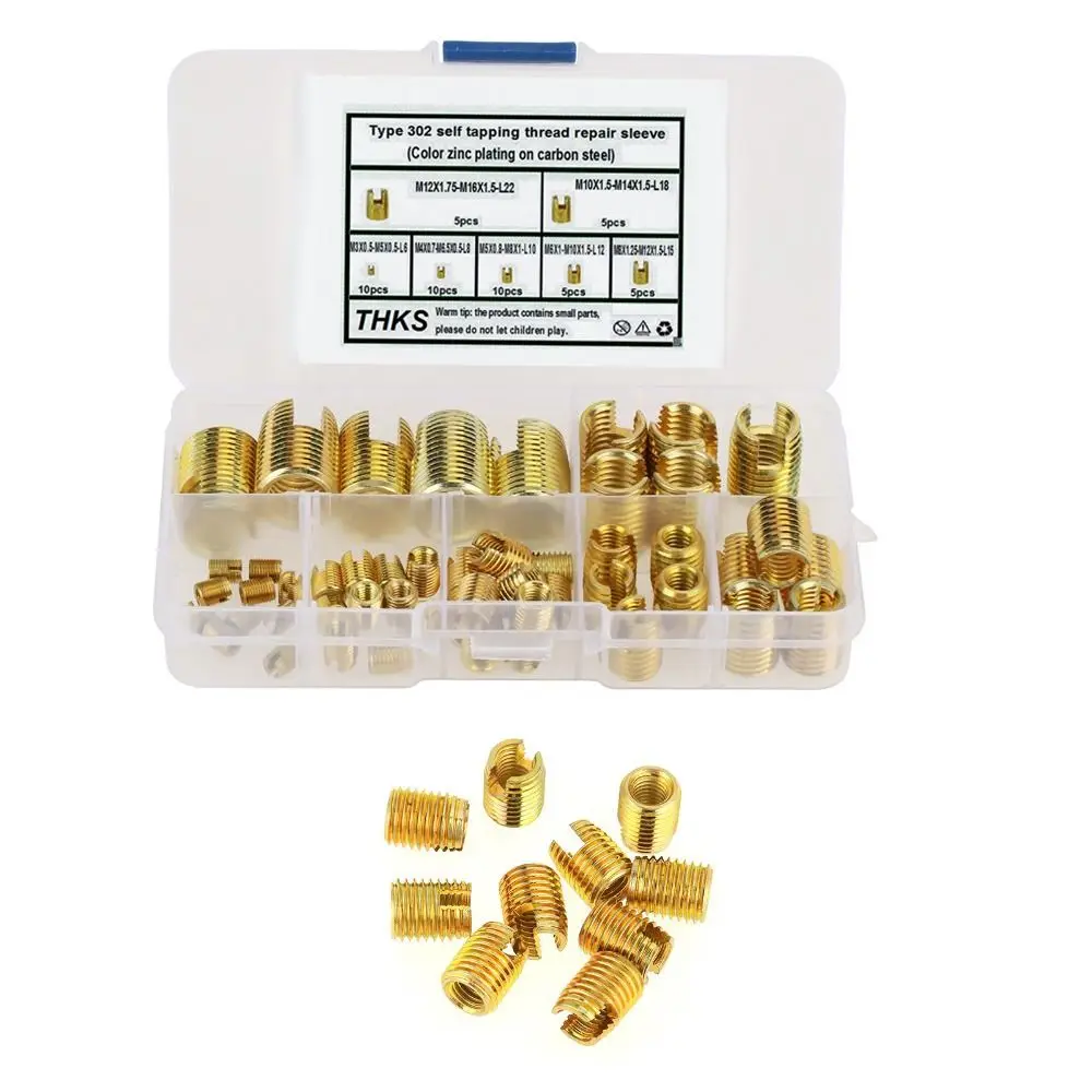 50pcs Brass Self Tapping Inserts M3-M12 Gold Threaded Inserts Kit Storage Case Carbon Steel Brass Slotted Thread Inserts