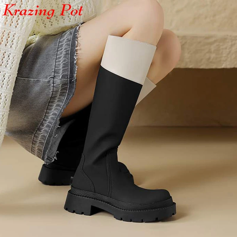 

Krazing Pot Cow Leather Round Toe Med Heel Winter Brand Equestrian Riding Boots Fashion Zipper Mixed Color Punk Thigh High Boots