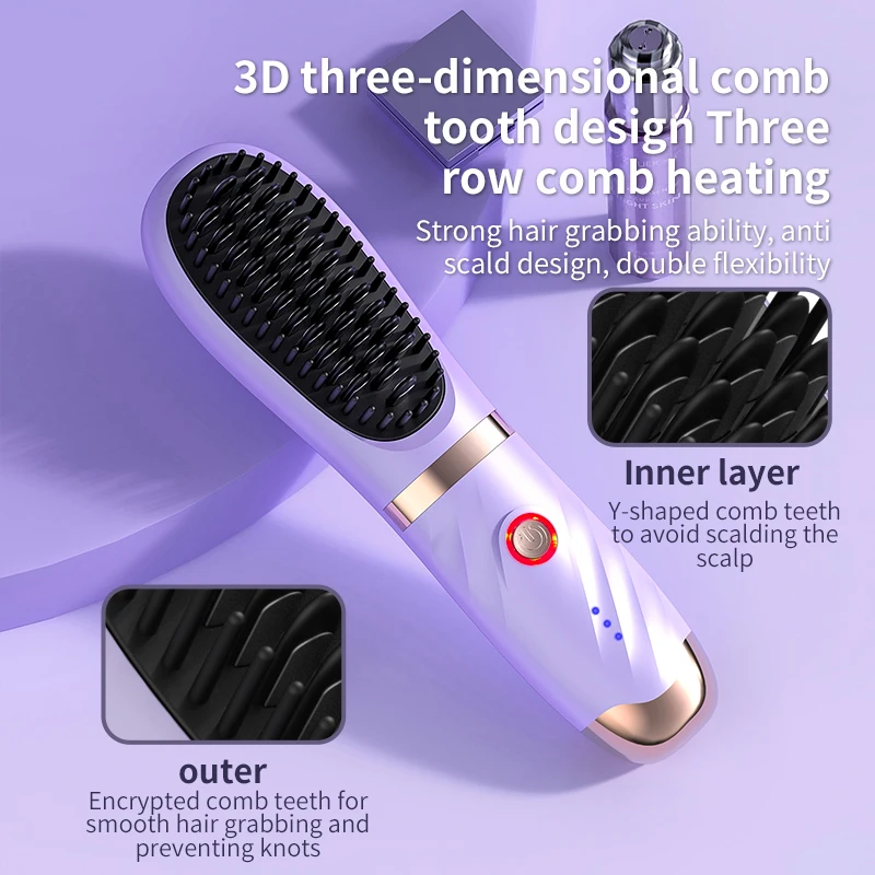 US Plug Straight Hair Comb 3rd Gear Adjustment Mini Ionic Hot Comb Straightener Lightweight Protable Straightening Brush