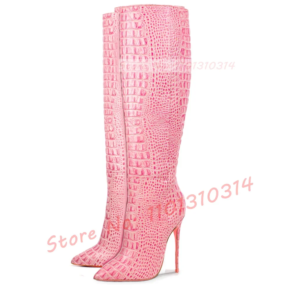 Bottes hautes minces en crocodile rose pour femmes, chaussures à