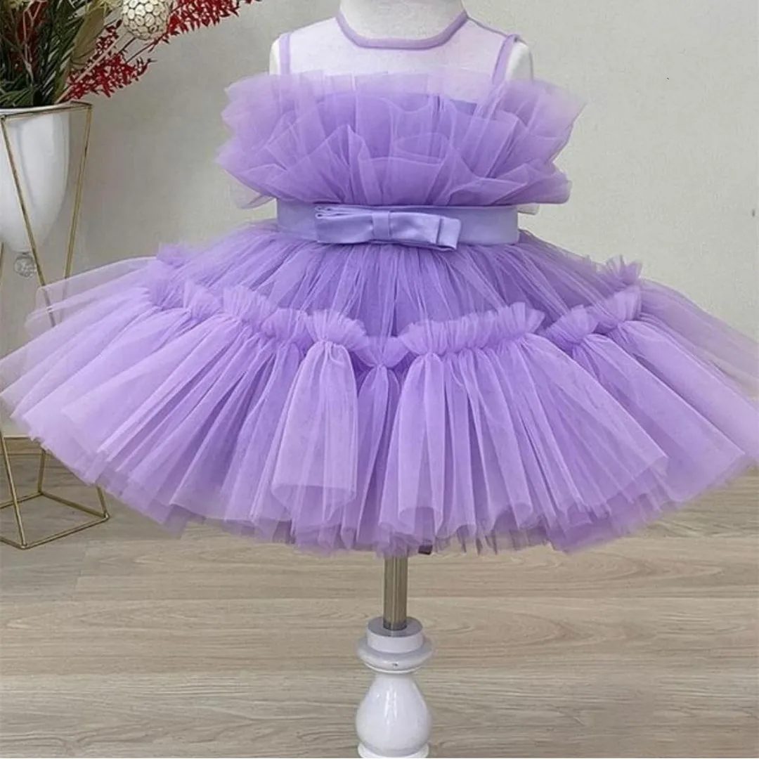 

Elegant O-Neck Lilac Short Flower Girls Dresses With Sash A-Line Puff Knee Length Pleated Vestido Floral