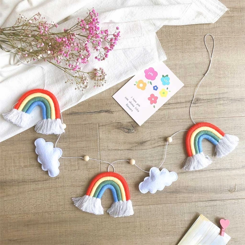 Nordic Wooden Beads with Felt Cloud Knitting Wool Rainbow Tassel Pendant Hanging Ornament Photo Props for Baby