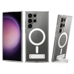 Enhanced Shockproof Magnetic Clear Stand Case - Drop Resistant Slim Hard Cover - Galaxy S23 Ultra (Black Case)