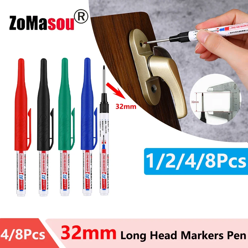1-8pcs 32mm Long Head Markers Pen Multi-purpose for Woodworking Tile Decoration Deep Hole Marker Pens Red/Black/Blue/Green Ink
