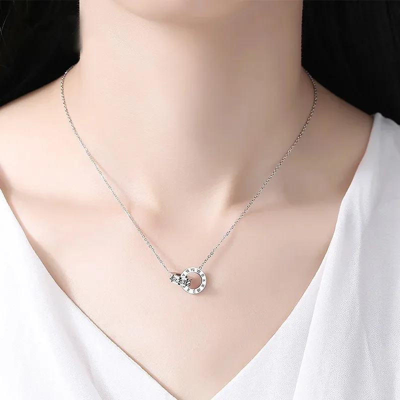 Luxury Elegant Stainless Steel Roman Number Pendant Necklace for Women Zirconia Chain Choker Fashion Charm Female Jewelry