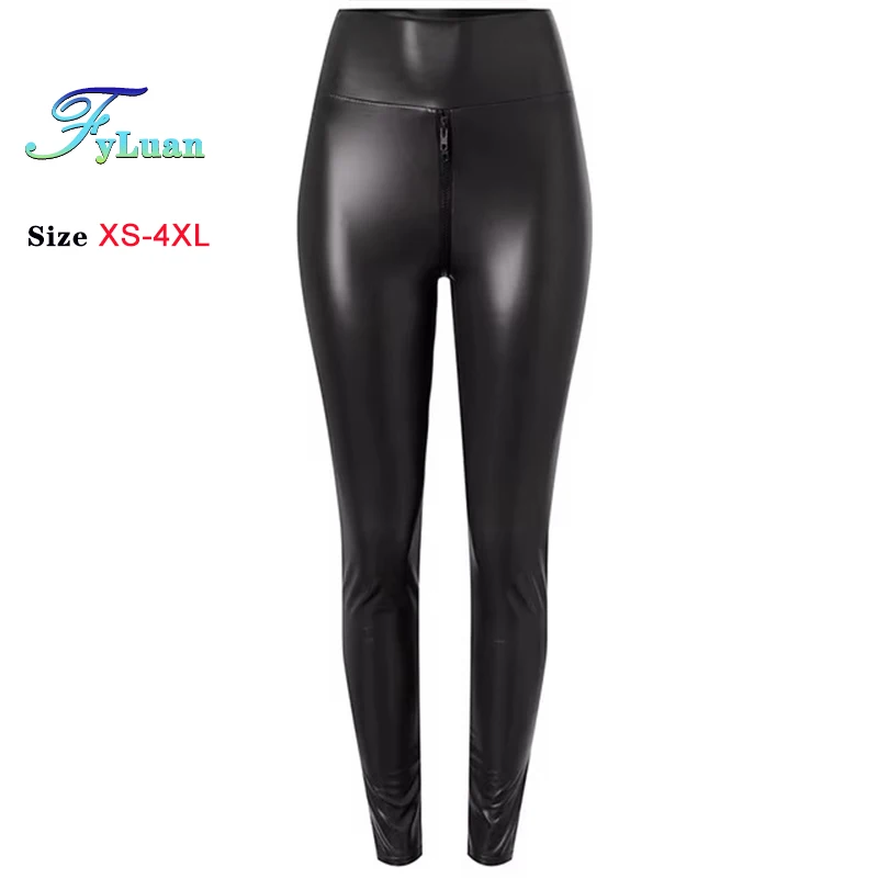 Women Matte Black PU Leather Pants Double Zippe High Waist Leggings Thick Elastion Slim Nightclub Leggings Ankle-Length Trousers women pants denim trousers